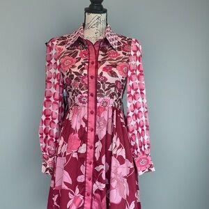 Dalia MacPhee Floral and Polka Dot Pink Button Up Dress Sz S